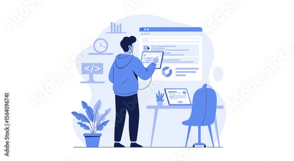 Fototapeta Man In Blue Hoodie Working With Code On Computer With Tablet Vector Illustration