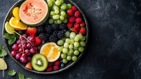 Obraz Flat lay of fruit platter, melons, berries, grapes, and citrus on ceramic tray