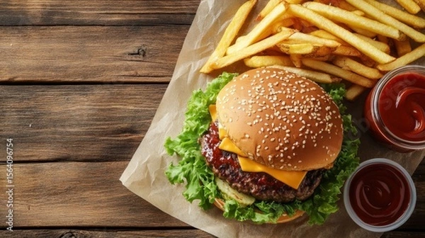Obraz Flat lay of gourmet burger, fries, sauces, and drink on parchment paper background