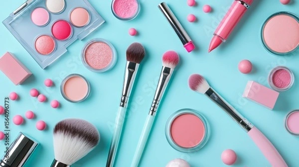 Obraz Flat lay of makeup products like lipsticks, brushes, powders on pastel background with subtle shadows and artistic spacing