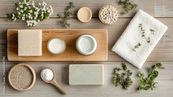 Obraz Flat lay of natural beauty products with herbs and products on wooden surface, earthy and organic feel