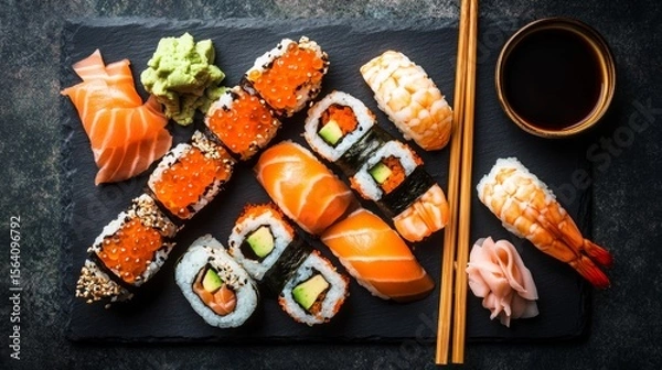 Obraz Flat lay of sushi platter with chopsticks, soy sauce, and pickled ginger, on dark slate background