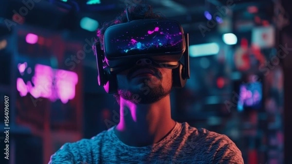 Obraz Gamer wearing VR headset in dark room, colorful game graphics projected around, intense focus, immersive atmosphere