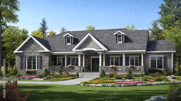 Obraz Gray and stone single-story house with wide porch, shuttered windows, and flower beds. Set against a tree-filled background.