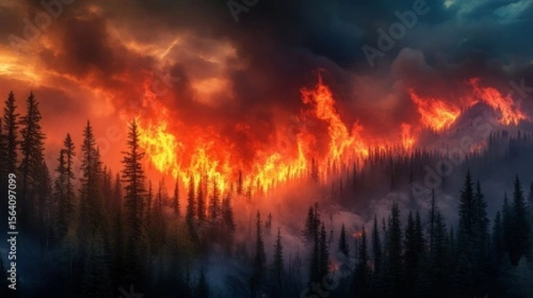 Obraz Intense forest fire engulfing pine trees, bright flames contrasting with dark smoke clouds, fiery glow illuminating the night