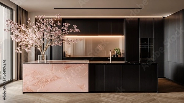 Obraz Light pink marble island with cherry blossoms stands out in a kitchen with dark cabinets and soft-toned walls.