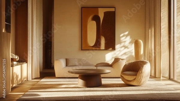 Obraz living room with partal, round table, abstract art, and decorative floor vase. Warm, natural lighting.