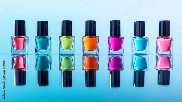 Obraz Overhead arrangement of colorful nail polish bottles with matching accessories on reflective glass, vibrant and clean