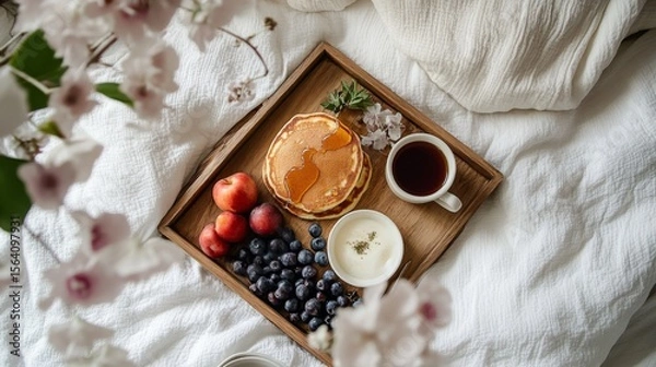 Obraz Overhead breakfast tray with pancakes, syrup, fresh fruit, and tea on white bedding