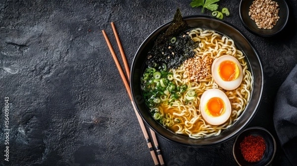 Obraz Overhead image of ramen bowl, noodles, egg, seaweed, and broth with chopsticks resting on bowl