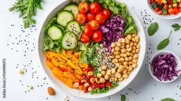 Obraz Overhead image of vibrant salad bowl, greens, nuts, colorful vegetables, on white tabletop