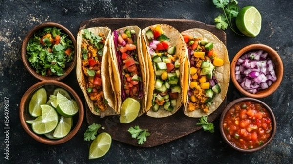 Obraz Overhead of veggie tacos, colorful toppings, lime wedges, and salsa in small bowls