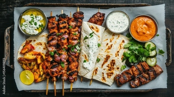 Obraz Overhead of street food selection, wraps, skewers, sauces, and fresh herbs on paper-lined tray