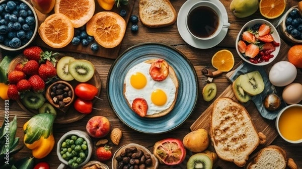 Obraz Overhead shot of colorful breakfast spread, eggs, toast, fruits, and coffee on wooden table