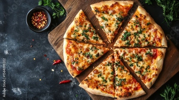 Obraz Overhead view of homemade pizza pieces on wooden board, herbs and chili flakes scattered