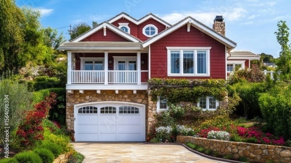 Obraz Red and stone two-story home with white window trims and balcony. A spacious garage and abundant greenery add elegance.