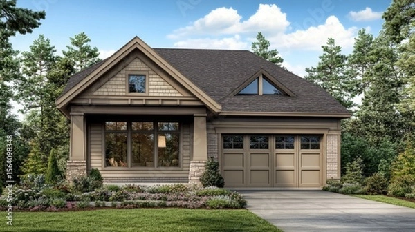 Obraz Single-story beige home with brown roof, large front windows, and a two-car garage. Framed bytrees and greenery.