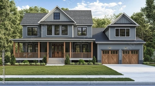 Obraz Symmetrical gray two-story house with a porch, wooden details, and dual garages. The neat lawn and tree.