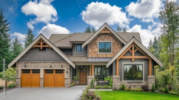 Obraz Two-story home with wood and stone siding, peaked roof, and wooden garage doors. Green surroundings and open sky add appeal.
