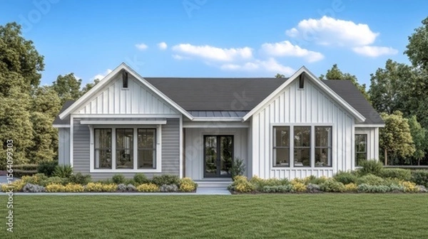 Obraz White vertical siding and gray accents adorn this single-level home. It has large windows, a front porch, and a tidy landscape.