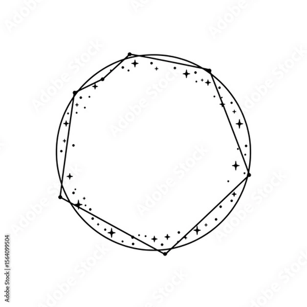 Fototapeta Celestial Frame: A hand-drawn circular frame design with a celestial theme, featuring a heptagon inscribed within a circle, adorned with small stars for a mystical and enchanting effect.