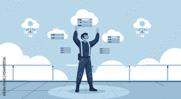 Fototapeta Virtual Reality Engineer Manages Cloud Computing Servers In Metaverse Era