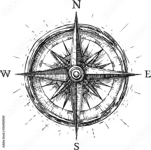 Fototapeta Vintage compass rose sketch with detailed directional points. Vector illustration