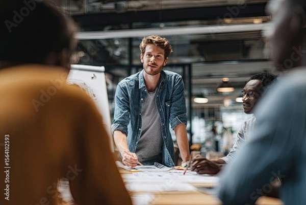 Obraz A young man leads a small team meeting, gesturing towards documents spread across a wooden table in a modern, industrial-style office space