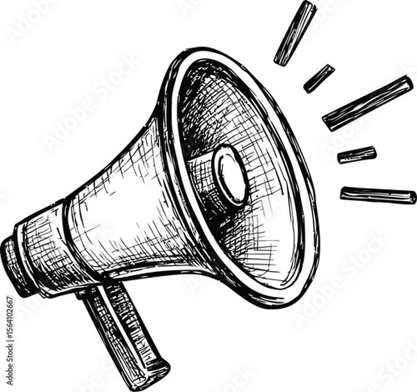 Fototapeta Scribbled drawing of a megaphone with sound lines, artistic black and white sketch. Vector illustration