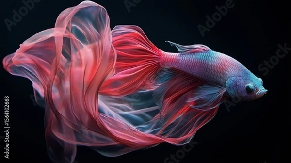 Fototapeta Colorful betta fish swimming gracefully through flowing silk-like fabric in a dark setting