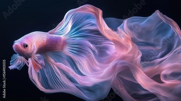 Fototapeta Colorful betta fish swimming gracefully through flowing fabric in a serene underwater environment