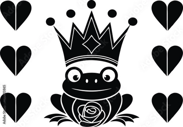 Fototapeta Regal Frog with Heart Emblems A Whimsical Illustration of Amphibian Royalty and Love Symbols in a Monochrome Palette