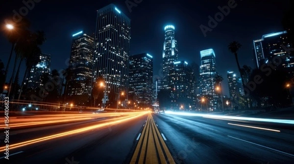 Fototapeta Nighttime urban cityscape with light trails and skyscrapers, capturing dynamic, bustling city life. Ideal for concepts of urbanization and modernity.