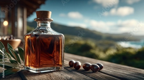 Fototapeta A bottle of olive oil with cork, olives, and leaves on rustic wood, set against blurred rolling hills and sky. Ideal for promoting natural, healthy living.