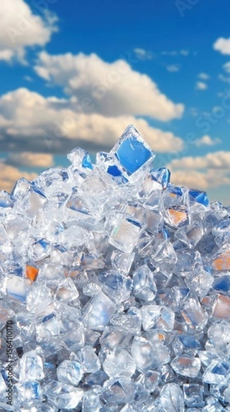 Fototapeta Clear Ice Cubes Piled Against a Bright Blue Sky with Clouds