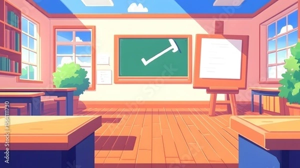 Fototapeta Cartoon classroom illustration with desks blackboard easel bookshelf and window view.