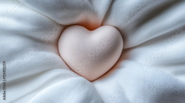 Fototapeta Soft Heart Shape on Plush White Fabric Background with Gentle Creases