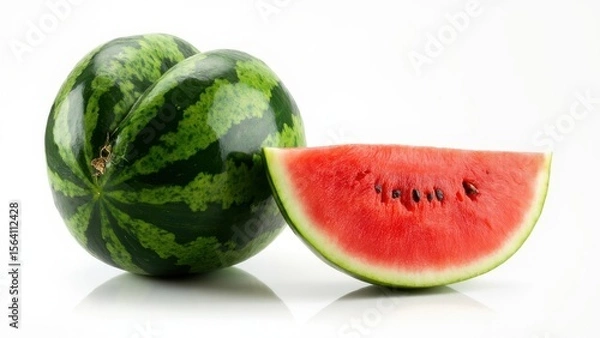 Obraz A heart-shaped watermelon sits next to a slice of watermelon, revealing its juicy red flesh. The unique shape contrasts with the natural green rind, creating a visually striking and refreshing scene.