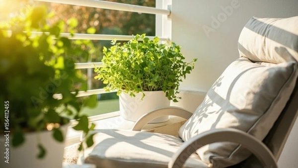 Obraz A cozy outdoor space features a single cushioned wooden chair on a concrete floor, surrounded by lush potted plants. Sunlight casts soft shadows, creating a relaxing and inviting balcony 