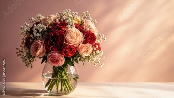 Obraz A bouquet of pink and red roses, red carnations, and delicate white baby's breath flowers sits in a round glass vase filled with water. The soft pink background enhances the warm
