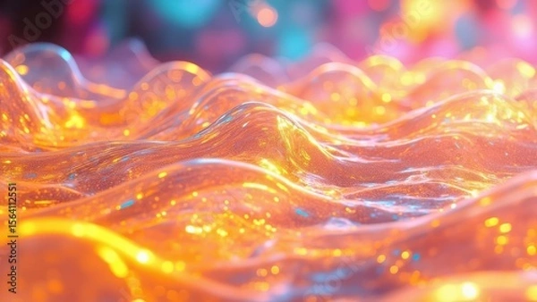 Obraz An abstract scene with glossy, fluid-like waves in warm tones of orange and yellow, accented by hints of purple and blue. The undulating texture creates a mesmerizing and dynamic visual effect.