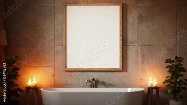 Obraz A modern bathroom features a sleek white bathtub against a gray tiled wall. Two lit candles and green potted plants on either side create a serene and tranquil atmosphere.