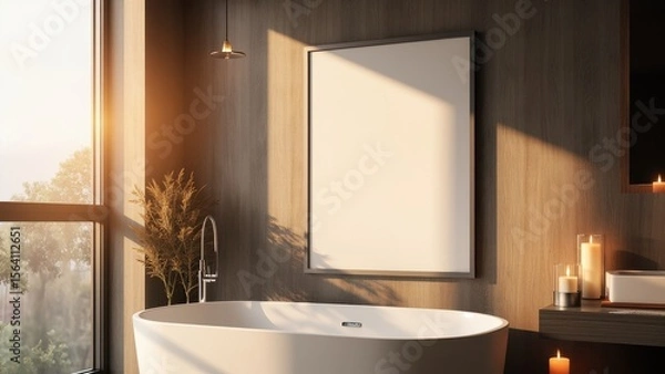 Obraz A modern bathroom features a sleek white bathtub against a gray tiled wall. Two lit candles and green potted plants on either side create a serene and tranquil atmosphere.