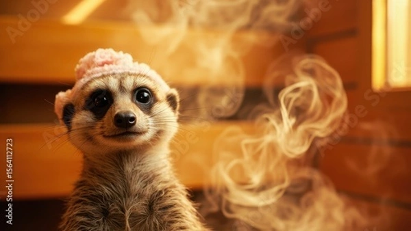 Obraz A meerkat sits inside a wooden sauna, wearing a fluffy white hat. Steam rises around it, illuminated by sunlight streaming through a window, creating a humorous and cozy atmosphere.