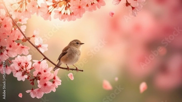 Obraz A small bird with brown and white feathers perches on a branch of cherry blossoms. The delicate pink flowers contrast with the soft pastel background, creating a tranquil 