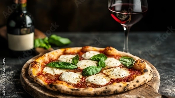 Fototapeta Margherita pizza served with red wine and fresh basil in a cozy setting