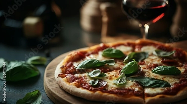 Fototapeta Delicious margherita pizza with fresh basil and a glass of red wine at a cozy restaurant in the evening
