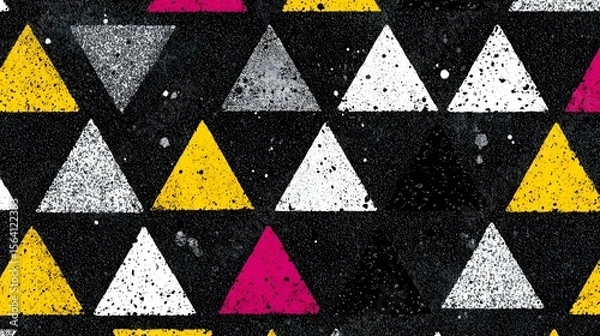 Fototapeta Abstract geometric pattern with triangles in yellow white gray and pink on black.