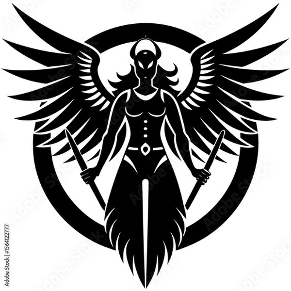 Fototapeta Winged warrior holding spears in circle black silhouette vector illustration