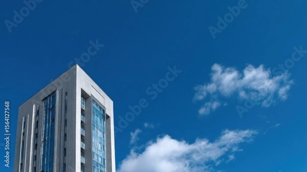 Obraz Modern building architecture glass facade clear blue sky white clouds